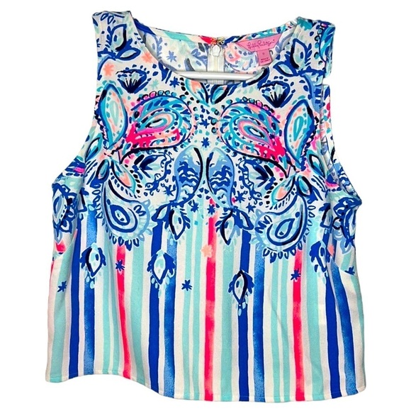 Lilly Pulitzer Donna Boxy Cropped Striped Floral Sleeveless Tank Top - Picture 1 of 6